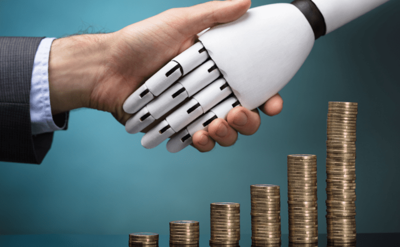 Human hand shaking robot hand over coins stacked up representing increased investment